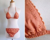 Vintage 70's Hippie Broderie Anglais Peach Triangle Halter Bikini XS
