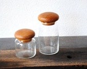 Mid Century Glass Storage Jar Set, Teak Wood Lid Bottles, 1970s Loft Style Decor