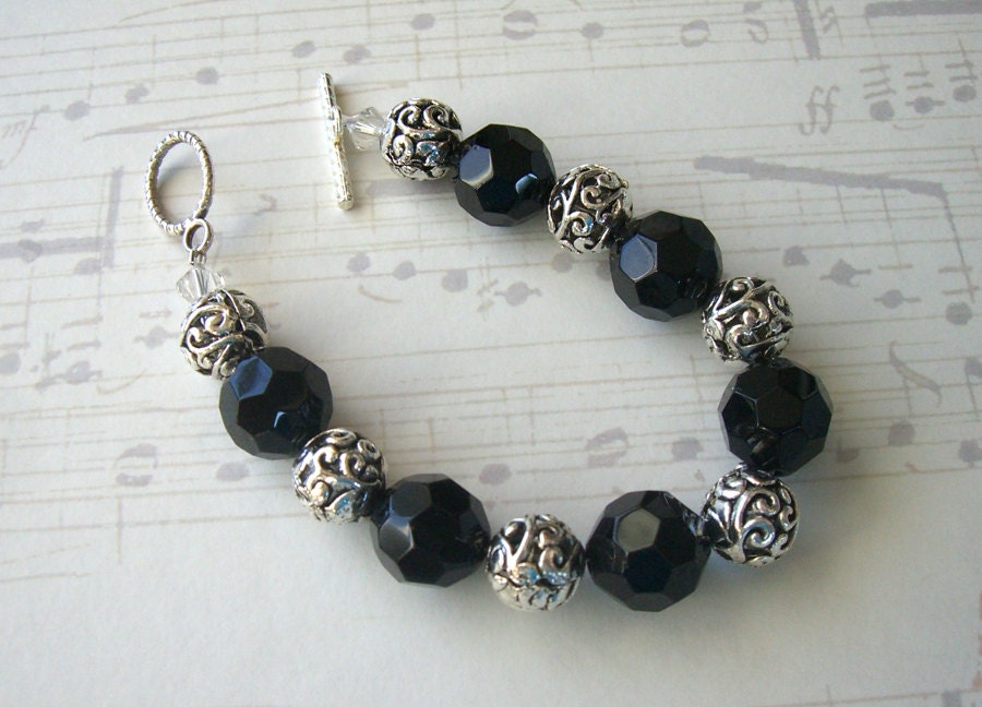 Beaded Jewelry, Beaded Bracelet, Glass Bead Bracelet, Black Bracelet, Black Silver, Black Bead Bracelet