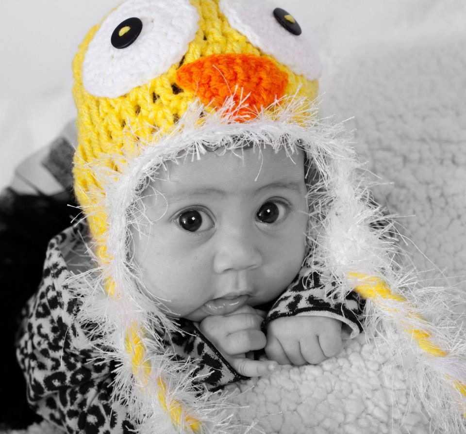Cute Crochet Yellow Ducky Hat-White Fuzzy Edging-Braided Tails-In Sizes:Newborn-0/3mo-3/6mo-6/9mo-9/12mo-Photo Prop