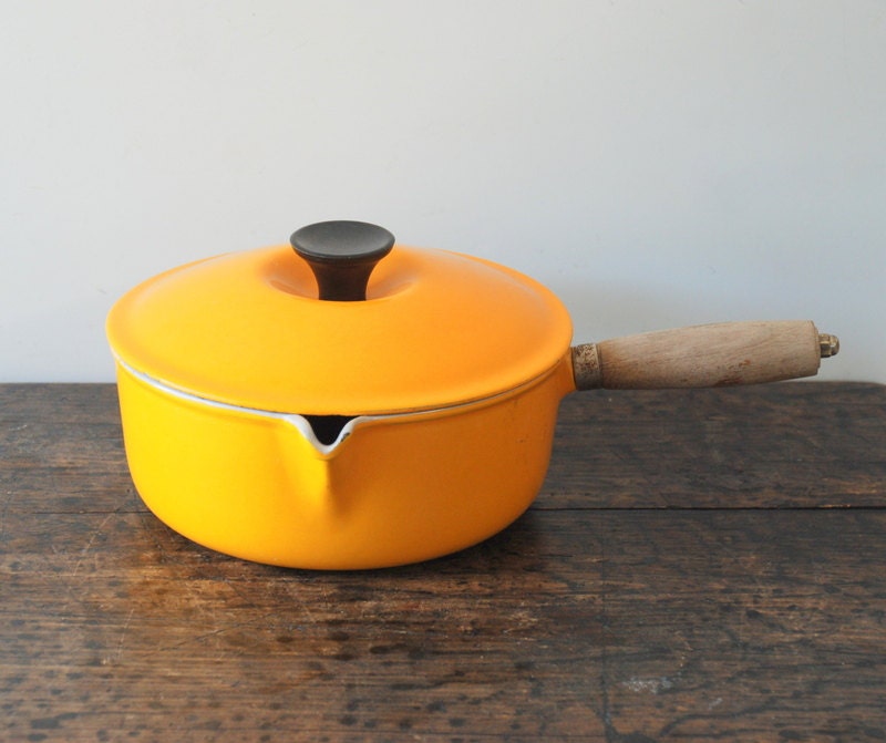 Vintage Le Creuset Number 20 Yellow Cast Iron, Enameled Sauce Pot With Pour Spout And Wood Handle