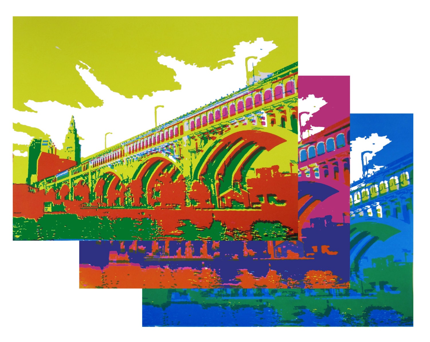 Detroit-Superior Bridge (CMYK Variations, 3-Layers) - Screen Print (on white Bristol) 11'' x 14''