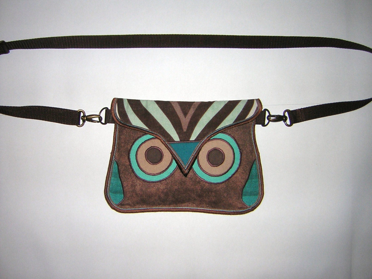 OWL BELT BAG  sling tote hip bag /Haversack/ shoulder purse cross body   Girl Child  Purse mixed fabrics in Brown-Beige-Turquoise