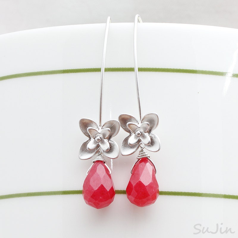 Flower Earwire, Red Colored Crystal Cut Coral TearDrop, Earring
