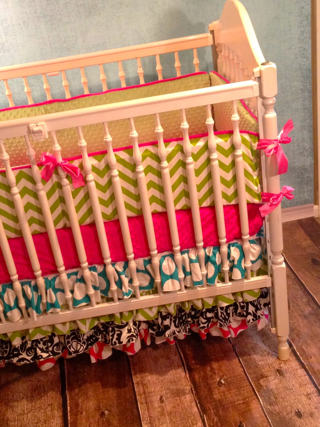Custom Crib Bedding using Black, Pink, Green, and Turquoise