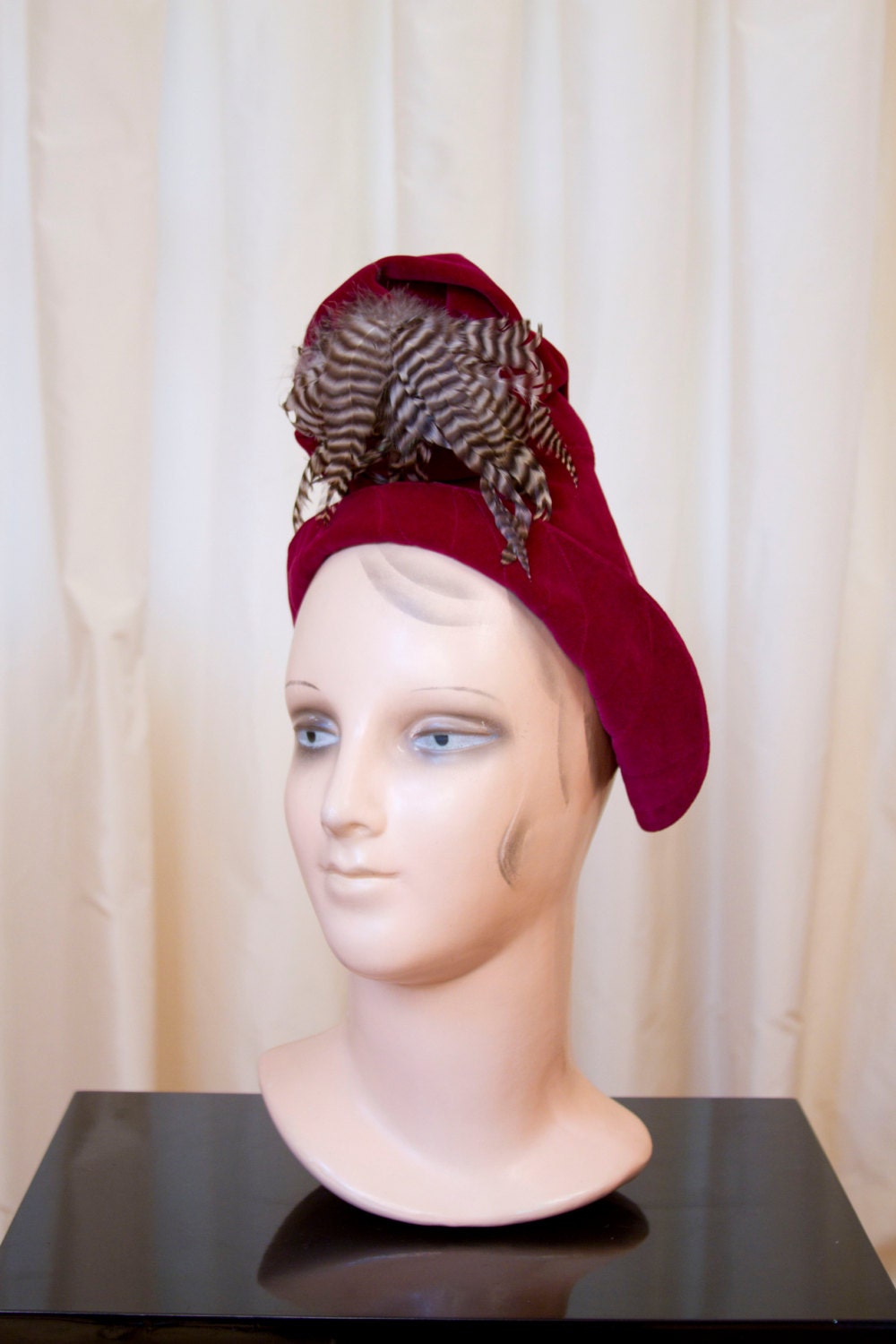 1940's Hat // New York Creation Cranberry Red Velveteen Turban Hat With Feathers