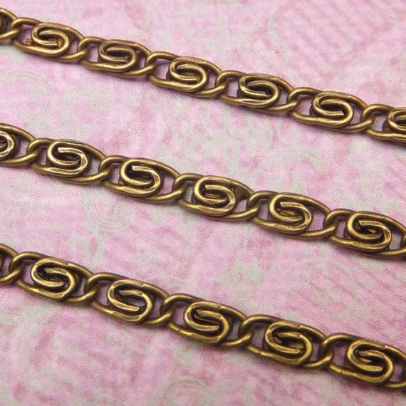 Vintage Fancy Antique Yellow Bronze Metal Chain, Swirl Loop Link (10 Feet) 2.8mm, Jewelry Finding, Necklace Supplies - KarPenaEnterprises