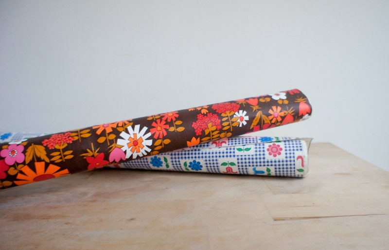 Vintage Adhesive Vinyl //  decorative lining for drawers, cupboards // retro kitchen home decor // orange, brown