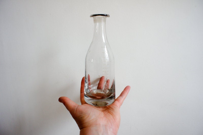 Vintage handblown glass bottle // french antique// graduated measuring bottle // French Country home decor in neutrals - FrenchAtticFinds