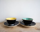 Vintage French Teacups // 1950 // Digoin Sarreguemines // Set of 2 // Sunny Yellow // Teal Emerald Green // Black Gold //Mid Century