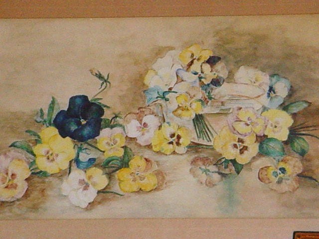 RESERVED Antique Pansy Painting Victorian Water Color Original Frame Shabby Chic Art 27 x 19
