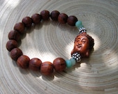 Buddha bracelet with chrysoprase, aventurine and rosewood / stretch mala bracelet / ojime carved Buddha head