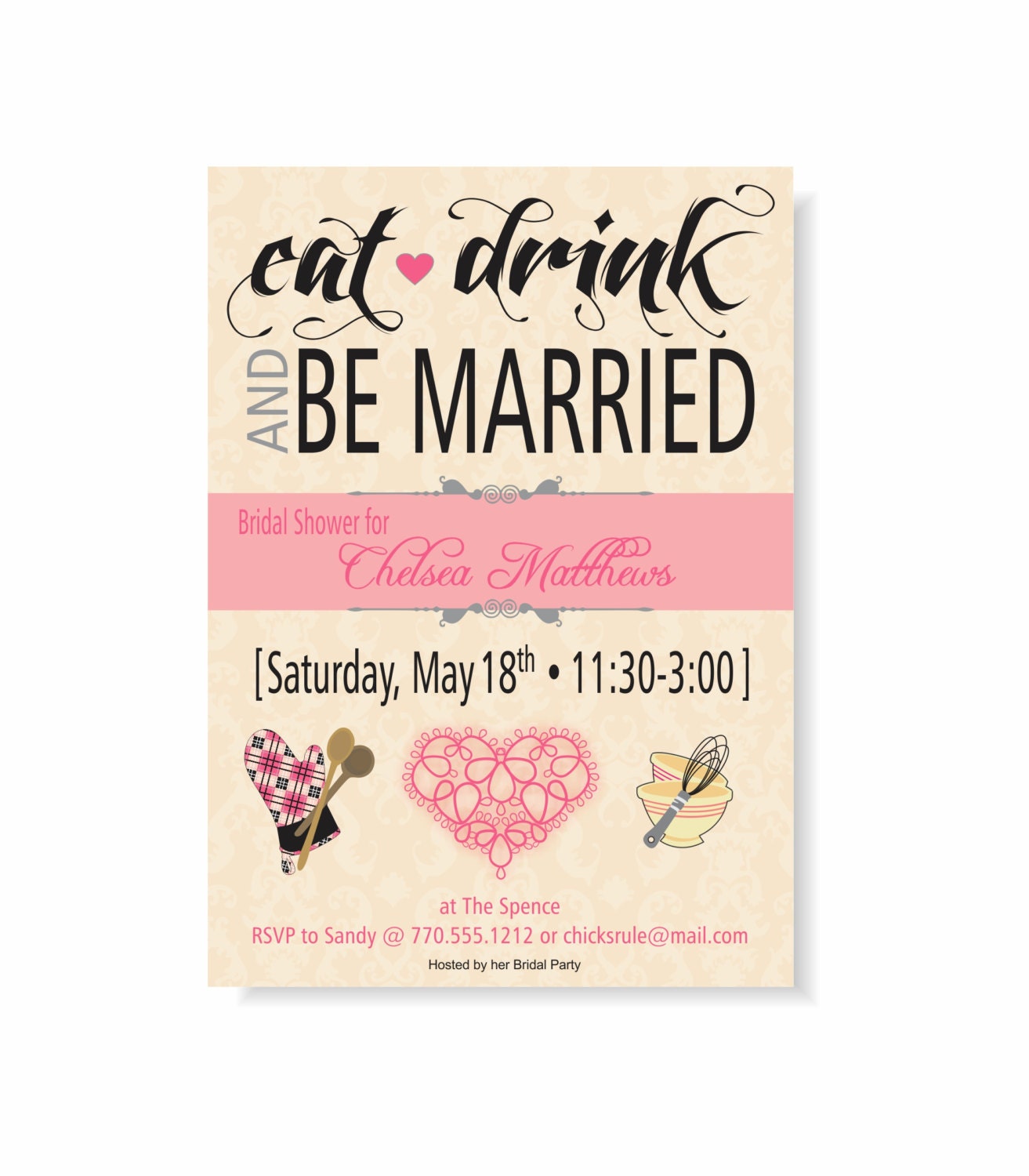 Eat Drink & Be Married Bridal Shower Invitation, Pink Damask 5x7
