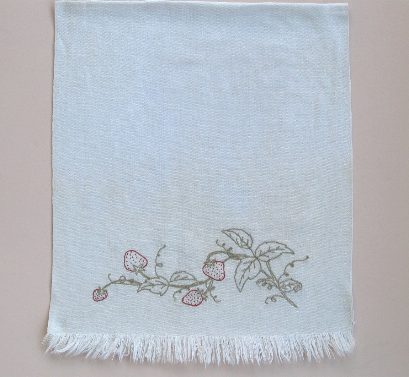 Vintage 1890s Country Kitchen Towel Embroidered w/ Strawberry Vines
