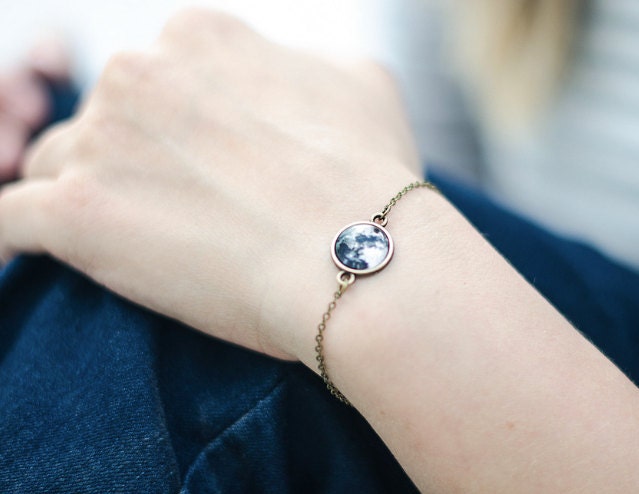 Full Moon Bracelet-  Bronze Tone - Space Galaxy- Stars- Tiny Jewelry- Gifts Under 25- Last Minute Gift Idea- Solar System