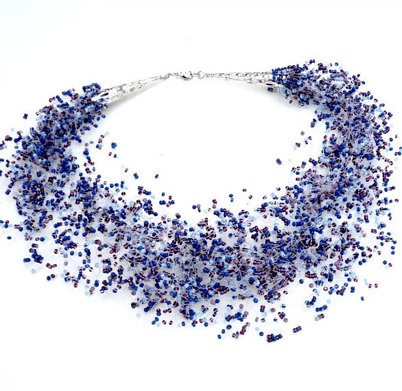 Wedding Necklace Lavender Purple Blue Beaded Airy Jewelry Bridesmaid Gift - LikeinaFairyTale