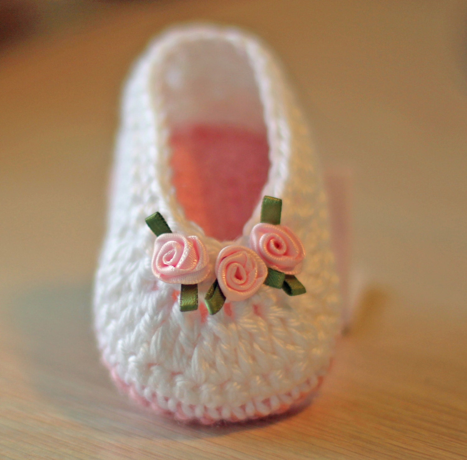 SALE PRICE Crochet Baby Booties - Baby Girl Booties -  Ballet Slippers with Tiny Roses - Newborn to 6-12 mos sizes.