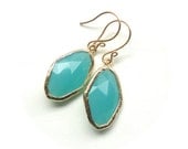 Turquoise Gold Earrings - Beautiful Glass Stone Earrings in Teal and Gold - Bridesmaid Gift Idea