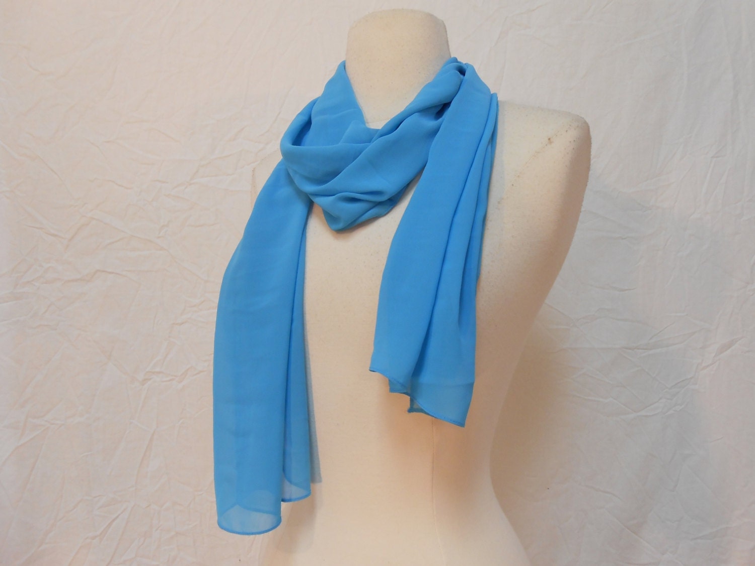 Bondi Blue Chiffon Vintage Fashion Shawl / Very Long Scarf / 62" X 13"