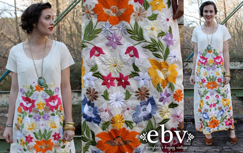 Vintage 60's 70's Cream Embroidered Floral Hippie Boho Wedding Maxi Dress S M L
