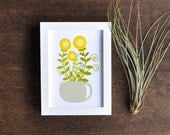 Floral Illustration - Green, Yellow, and Soft Blue Botanical Art Print - 5x7