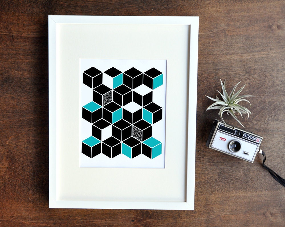 Retro Geometric Shapes Wall Decor - Aqua and Black Cubes Art Print - 8x10