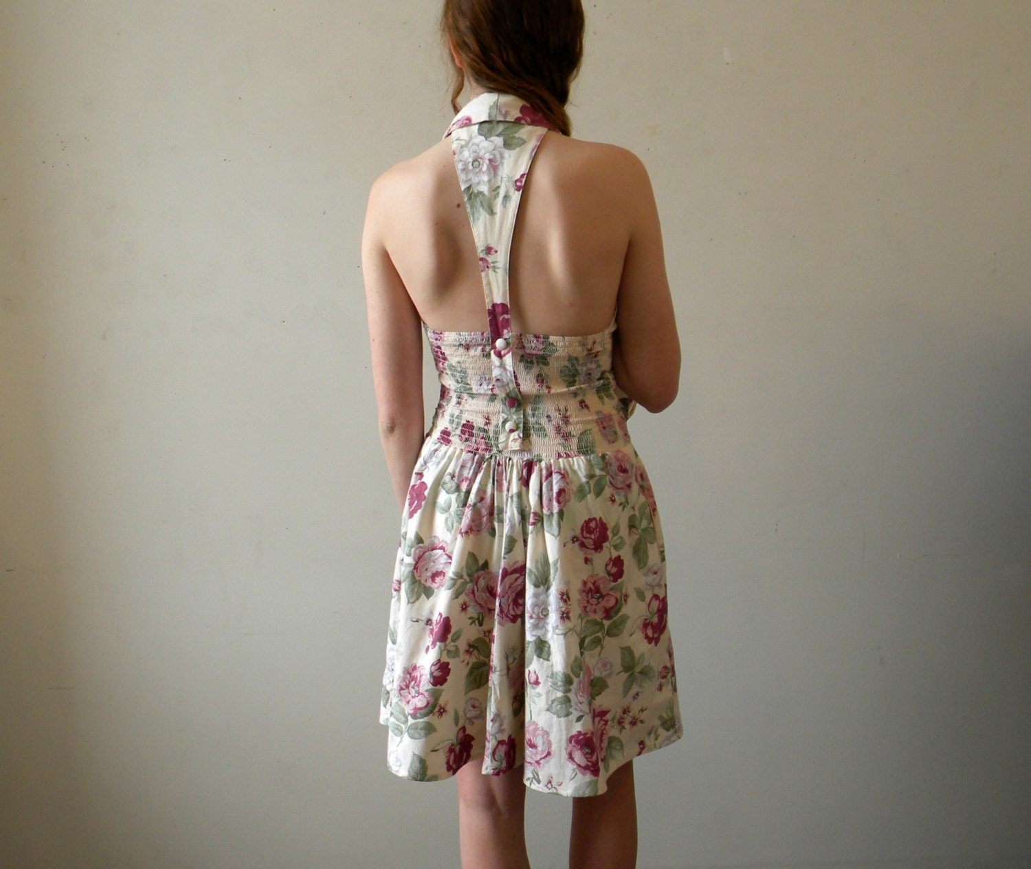 Favorite Sundress / Vintage 80s 90s / Floral Halter Tie Waist Full Skirt / S-M