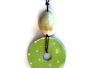 washer pendant,green and white polka dots, shell bead, upcycled, OOAK