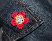Crochet Flower Daisy Pin, Red, Yellow, Light Blue