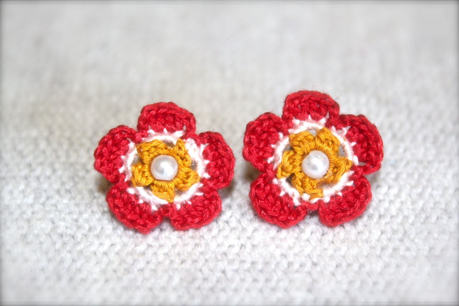 Crochet Flower Earrings, Red, Yellow and White Pearl Bead