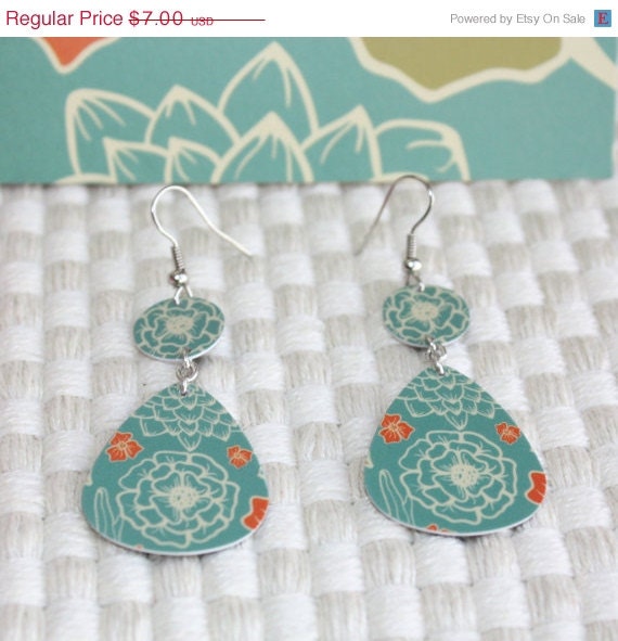 ON SALE Guitar Pick Earrings Handmade From Upcycled Gift Card Green FLOWER Orange Blue Eco-Friendly Jewelry