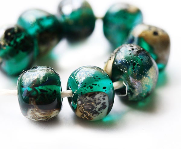 Teal green glass lampwork beads - handmade organics SRA set, by MayaHoney