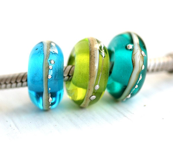 Large hole beads Ocean Wave - Lampwork glass in teal, blue, green - for European Charm Bracelets - SRA, by MayaHoney