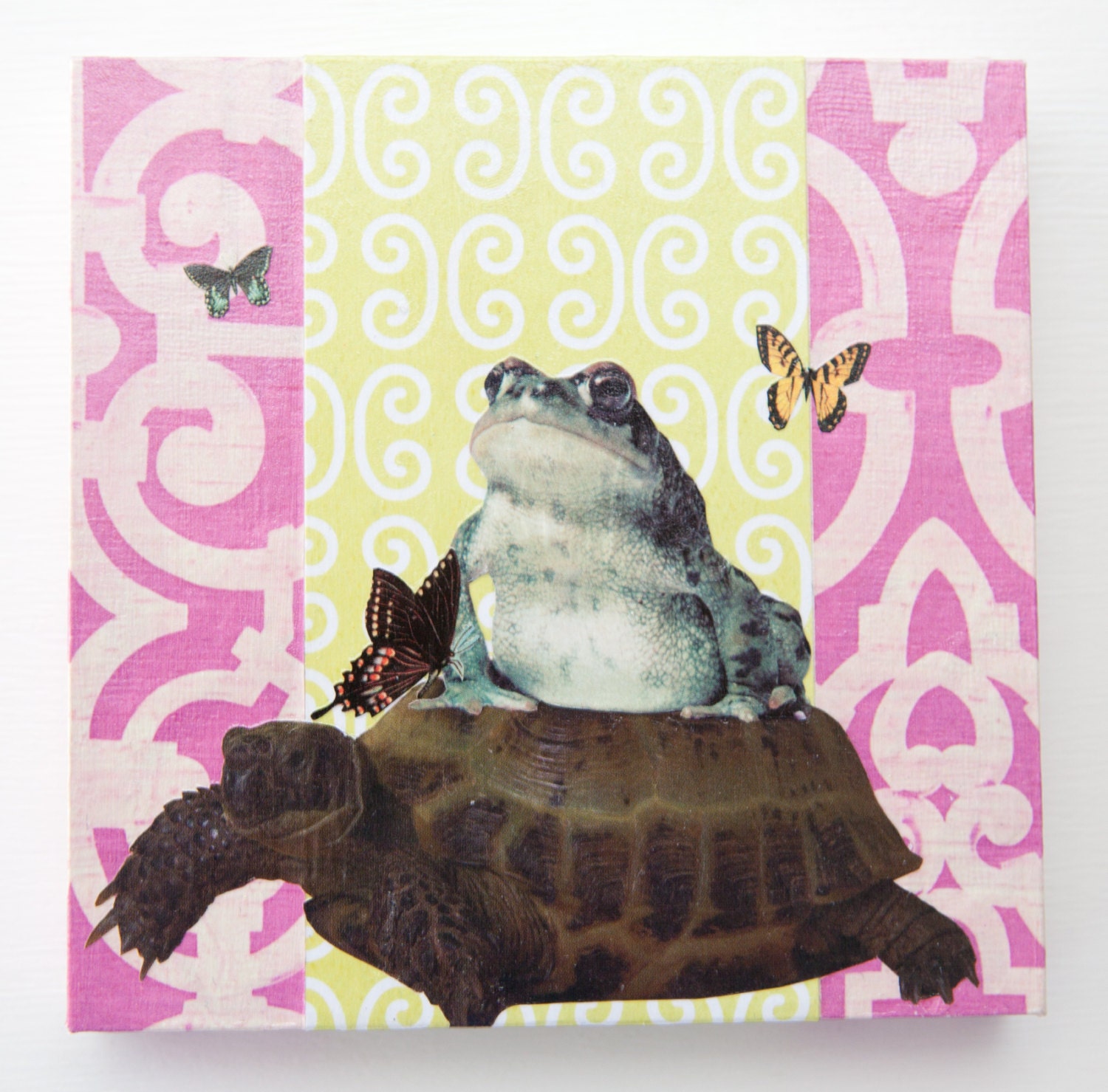 Frog & Friends collage on wood block