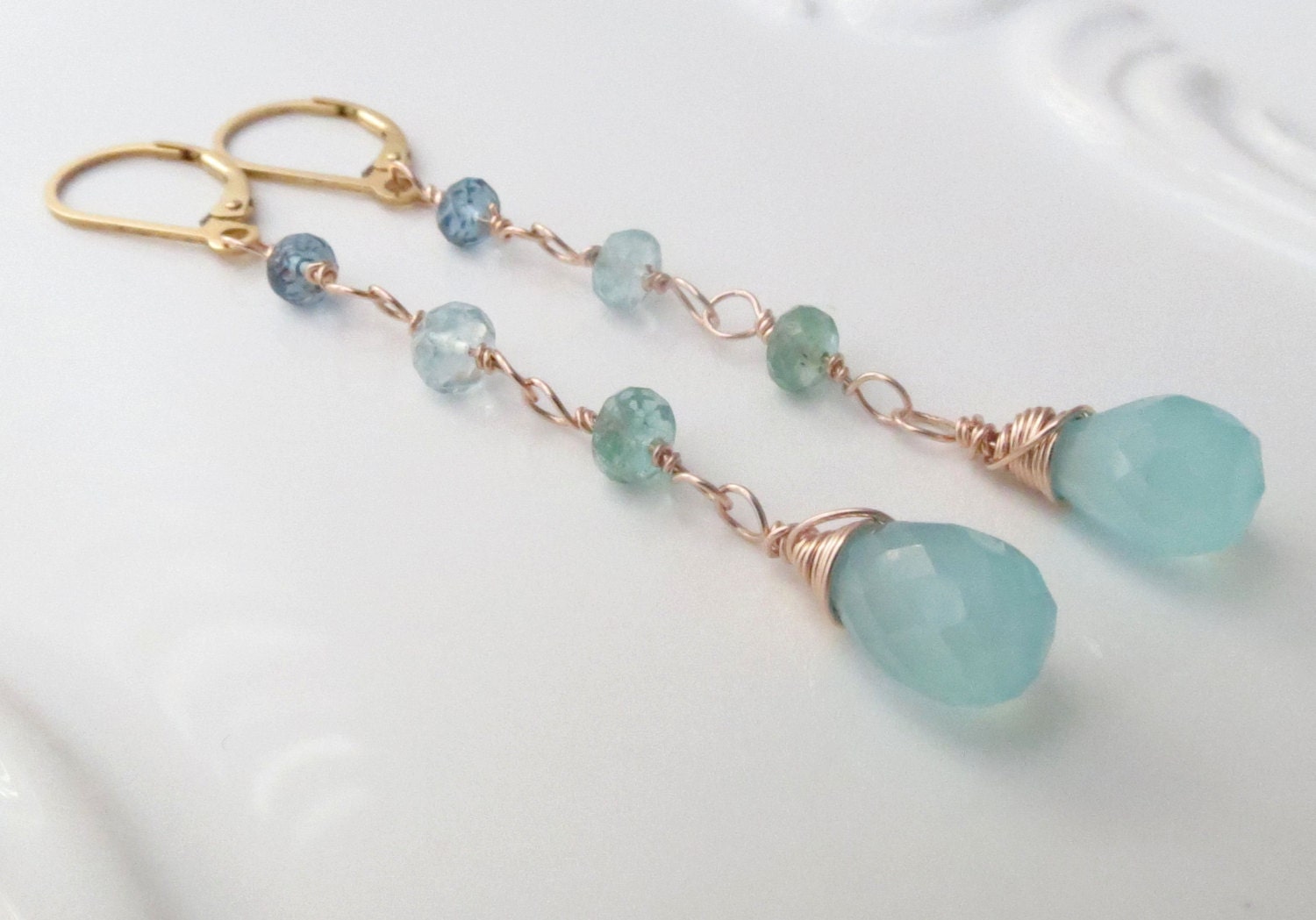 Aqua Chalcedony Briolette & Multi Gemstone Gold Earrings