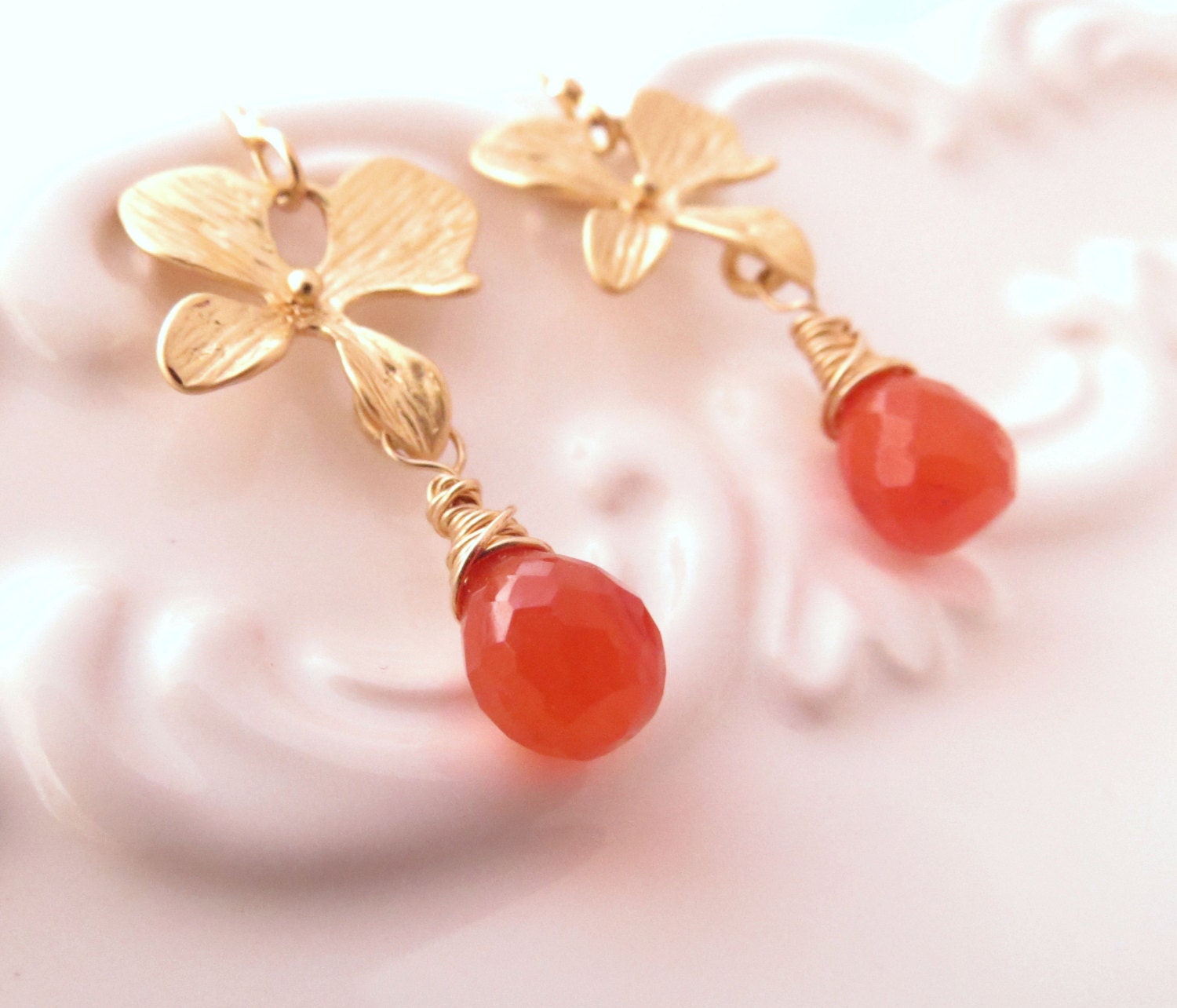 Carnelian Briolette with Gold Orchid Earrings