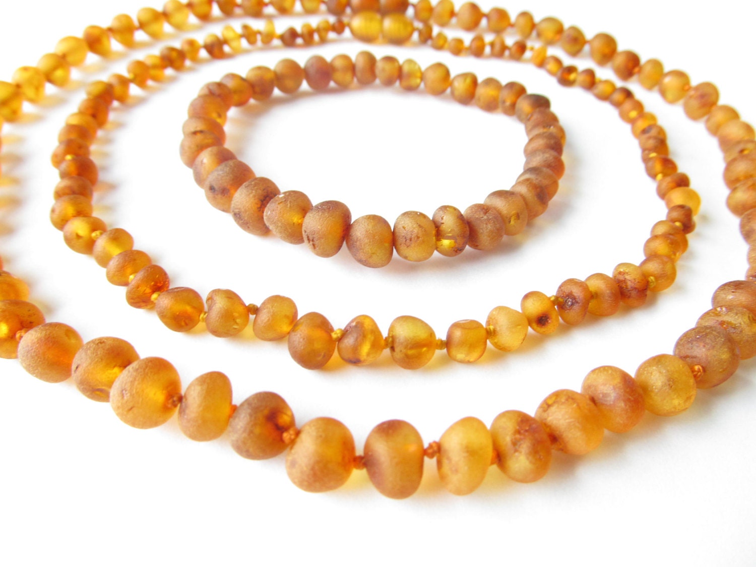 Set Of Raw Unpolished Cognac Color Baltic Amber Baby Teething Necklace For Baby and Reminding Necklace and Bracelet for Mommy