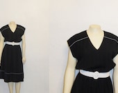 Vintage Dress 70s DW3 Black & White Gingham Plaid Trim V Neck Day Dress Union Made in USA Size Large - 2sweet4wordsVintage
