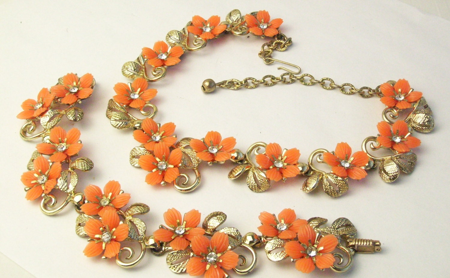 Vintage Gold Leaf Rhinestone Orange Plastic Flower Costume Jewelry Necklace Bracelet on Etsy