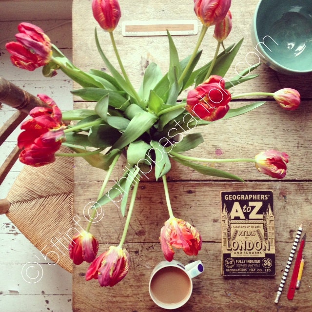 Limited Edition Signd Print of The Table, "A to Z ", featuring Red Tulips, Tea, and a Vintage London A to Z.