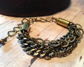 Edgy Multi Strand Brass Chain and Blazer 9mm Shell Casing Bracelet, Bullet Jewelry, Rock and Roll Jewelry