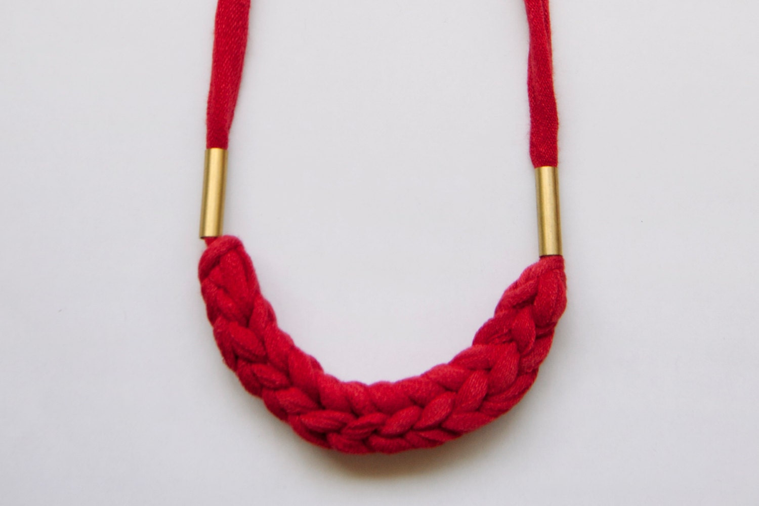 red vintage woven fabric necklace with brass tubes, adjustable length, ONE AVAILABLE