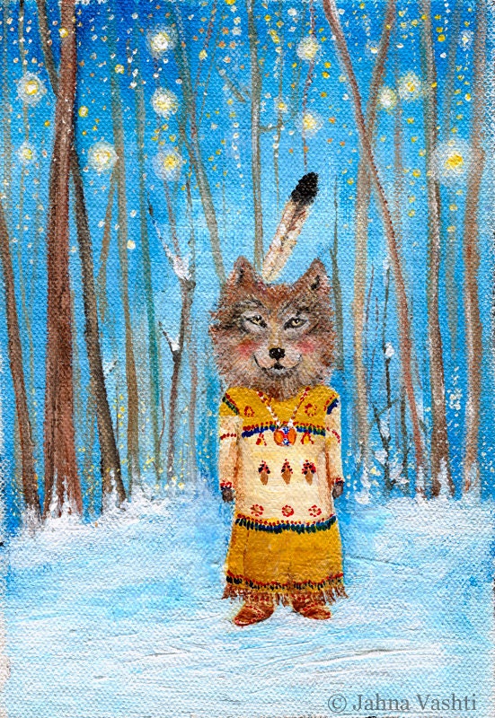 Wolf art, whimsical, girl wolf, Native American
