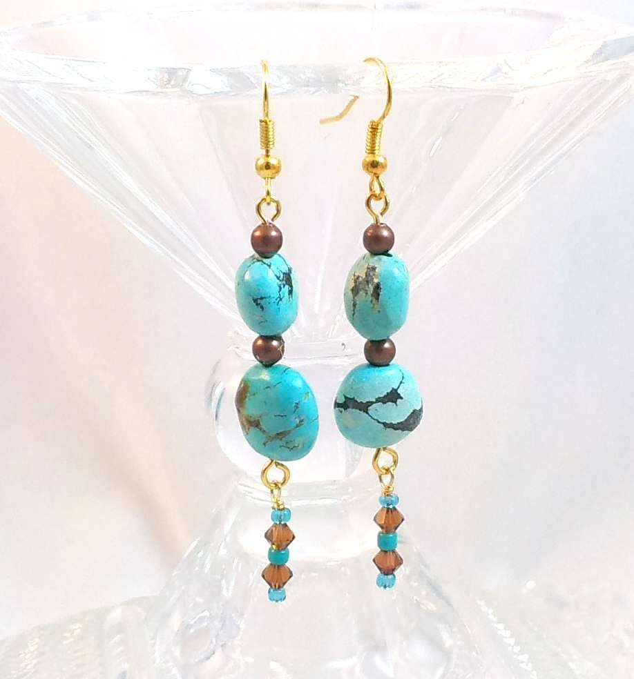 Handmade One of a Kind Romantic Swarovski Crystal and Turquoise Bead Dangle Earrings, Fast Shipping