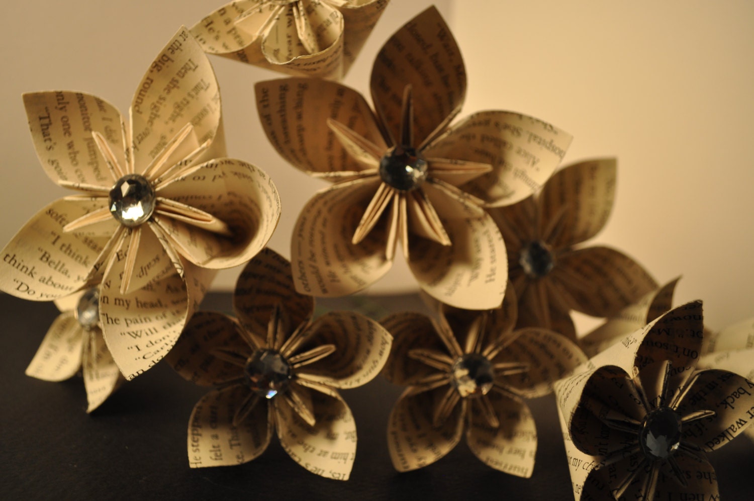 Text Patterned with Rhinestones Origami Paper Flower Singles - Wedding, Decoration, Twilight, Centerpeice, Set of 10