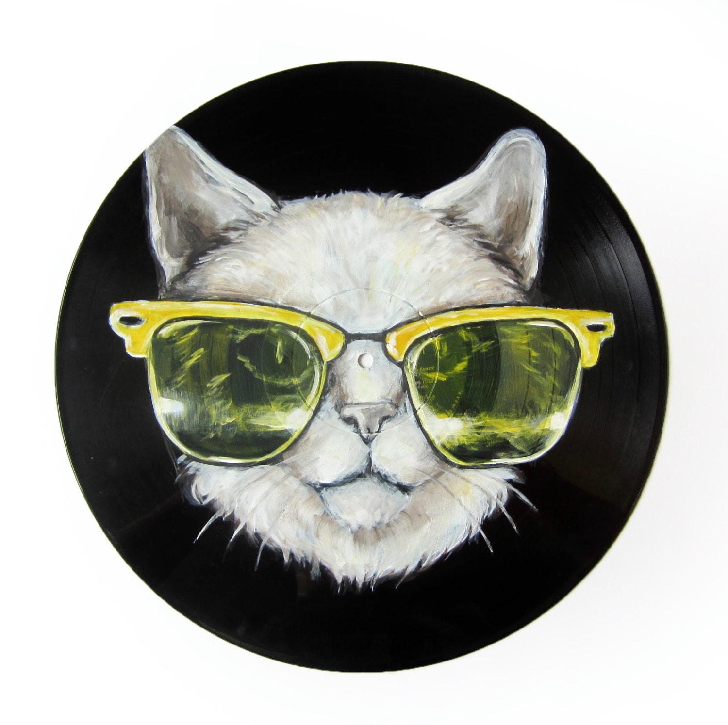 16" Custom upcycled recycled vinyl record cool cat portrait painting original mixed media acrylic painting