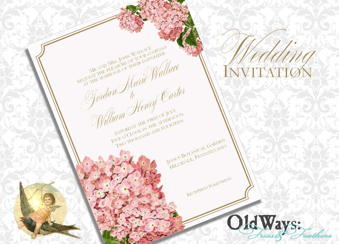 Hydrangea Wedding Invitation Cottage Chic Pink and Gold DIY Printable - Custom Invite 5x7 Digital JPEG and PDF Files
