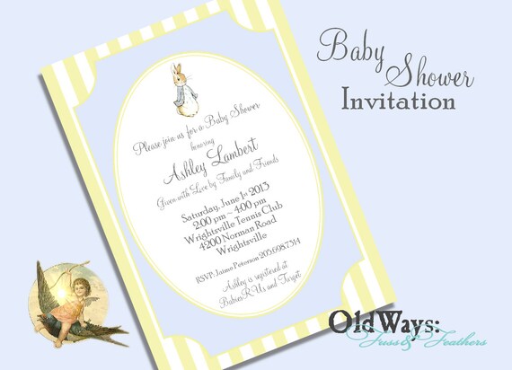 Peter Rabbit Baby Boy Shower Invitation Blue and Yellow - Printable Custom Invite DIY 5x7 or 4x6 Digital JPEG and PDF Files