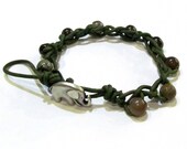 Chinese Jade Beaded Olive Leather Wrap Good Luck Elephant Bracelet