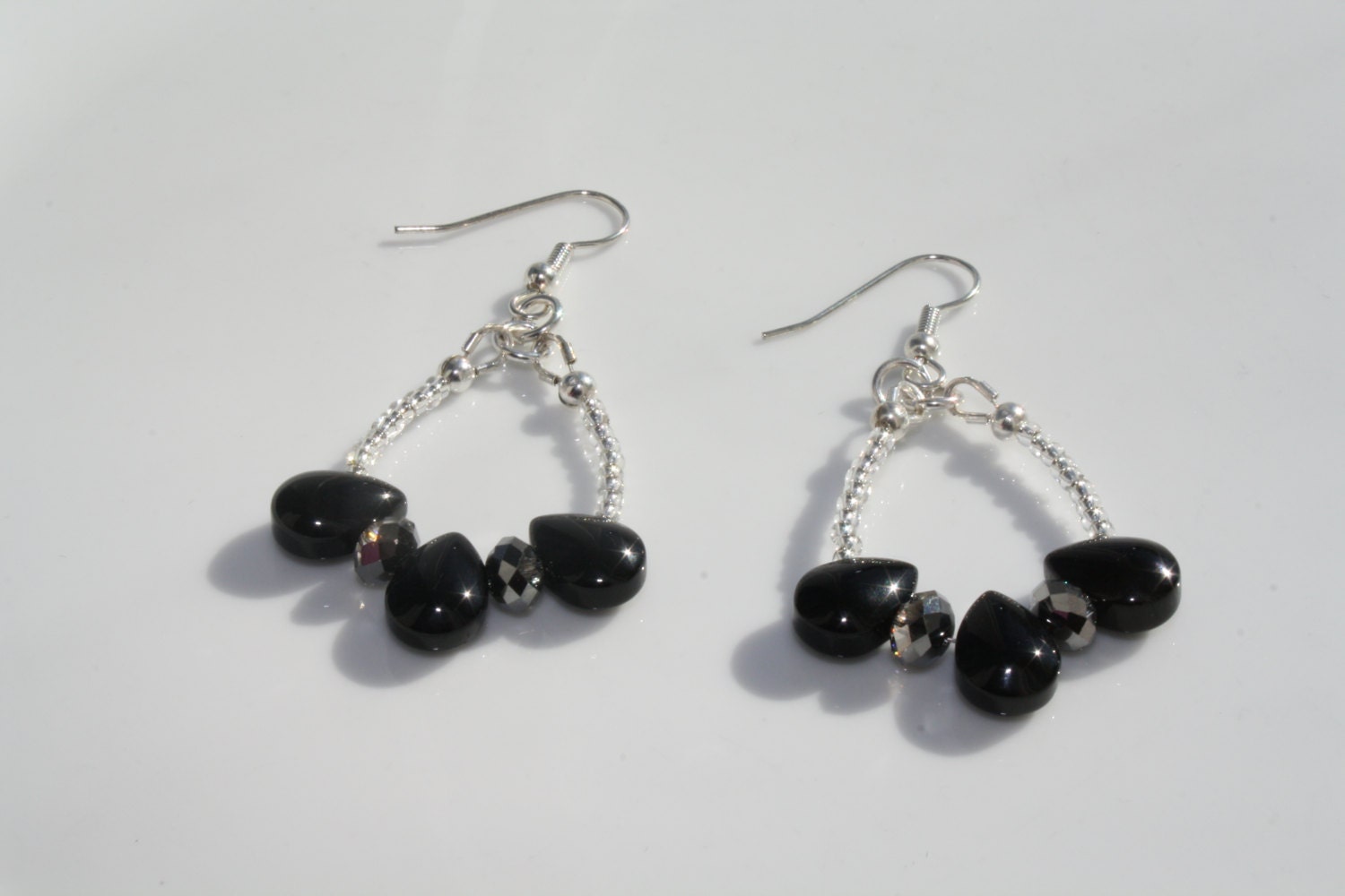 Black Teardrop Earrings with Dark Silver Crystals and Clear Beads